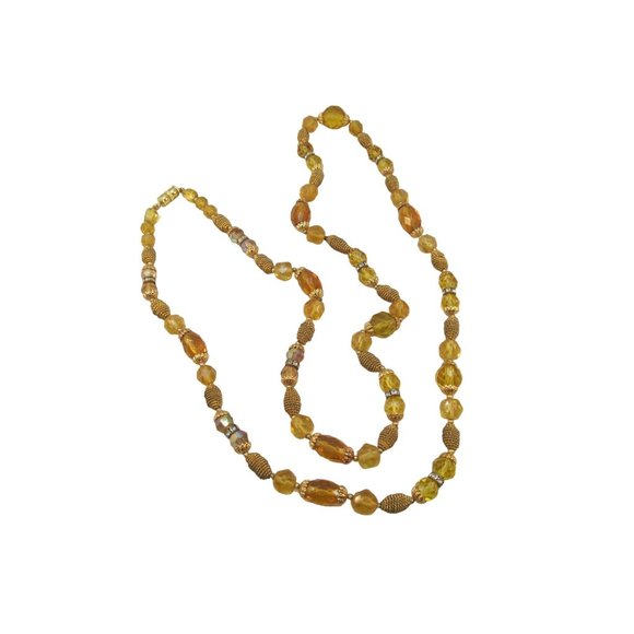 Vintage Long Faceted Glowing Yellow Vaseline Glass Beaded Necklace - Picture 3 of 13